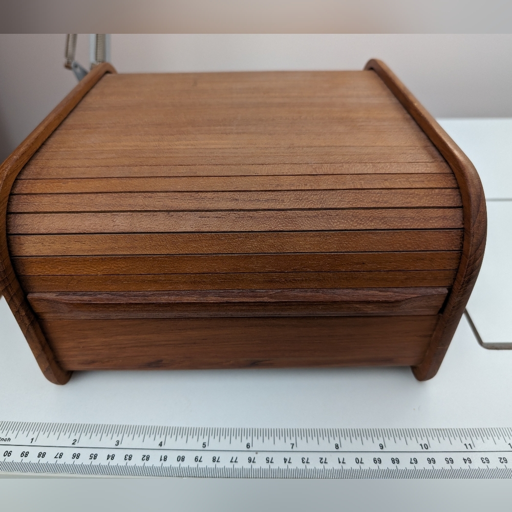 VTG MCM Kalmar Teak Wood Roll Top Desk Organizer/Storage Box Cards Media CDs